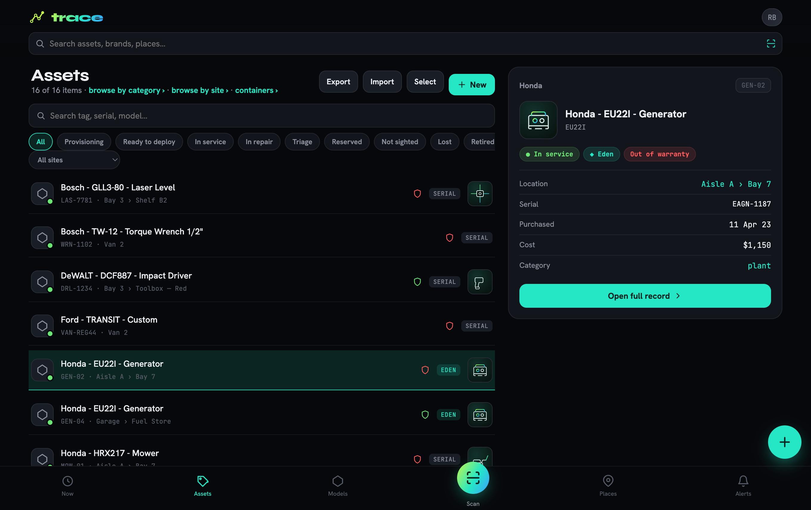 The Trace desktop app — the asset register with an item selected